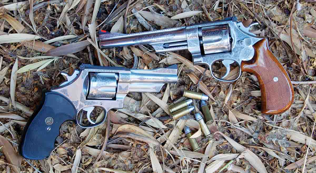 A pair of prettied-up S&W M624s with 4-inch and 6-inch barrels. Neither has been damaged by abusive handloads.